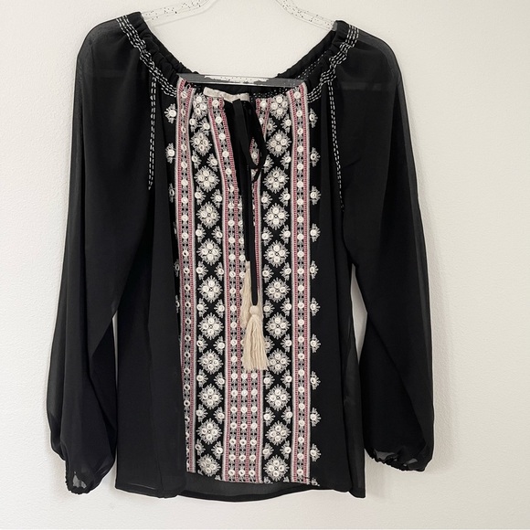 Boston Proper Long Sleeve Sheer Embroidered Black Blouse. Size S - Picture 1 of 10